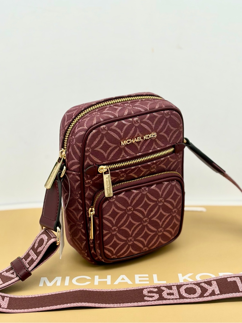 Michael Kors Wine Logo Jacquard Crossbody Bag with Gold Hardware